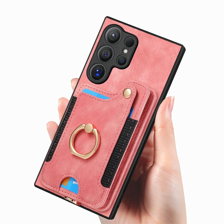 For Samsung Galaxy S25 Ultra 5G Retro Skin-feel Ring Multi-card Wallet Phone Case(Pink)
