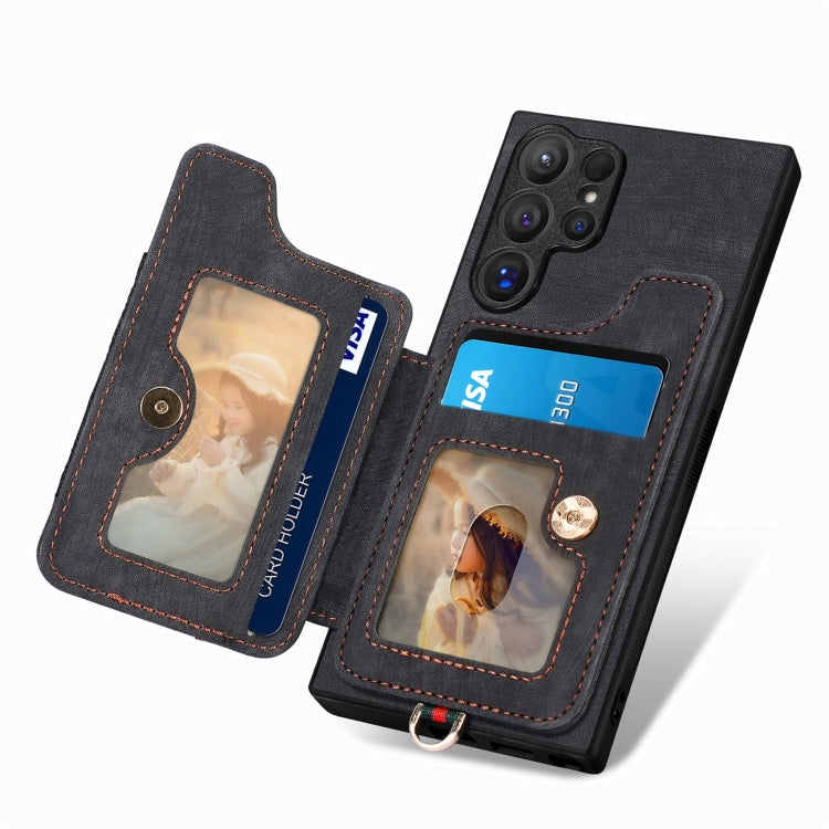 For Samsung Galaxy S25 Ultra 5G Retro Skin-feel Ring Multi-card Wallet Phone Case(Black)