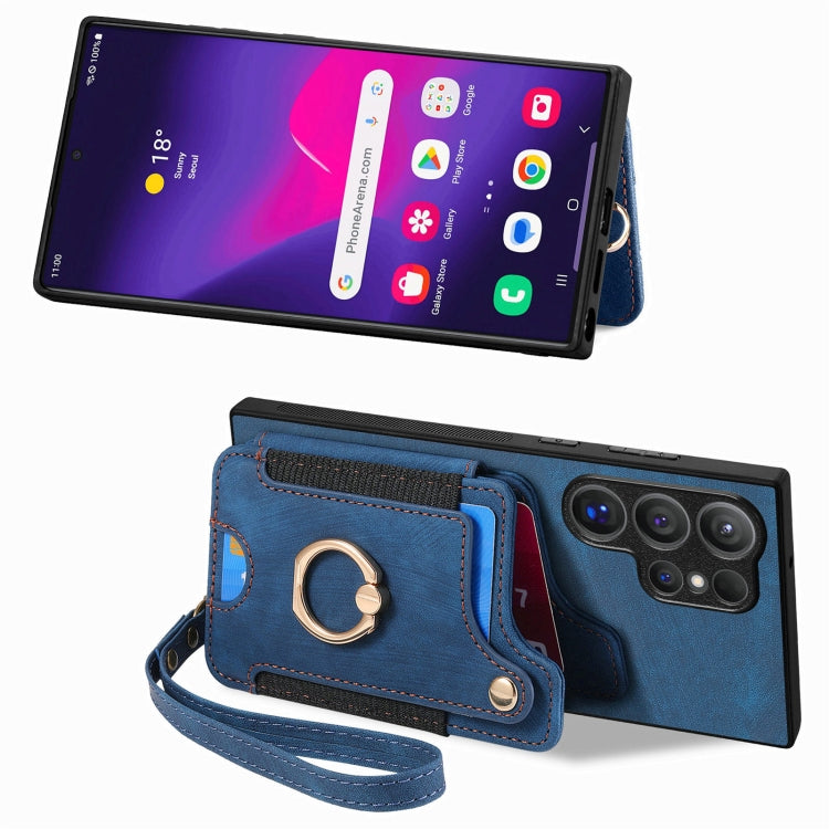 For Samsung Galaxy S25 Ultra 5G Retro Skin-feel Ring Multi-card Wallet Phone Case(Blue) - Galaxy S25 Ultra 5G Cases by PMC TechLife | Online Shopping South Africa | PMC TechLife | Buy Now Pay Later Mobicred