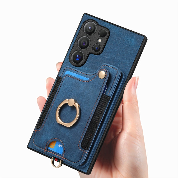 For Samsung Galaxy S25 Ultra 5G Retro Skin-feel Ring Multi-card Wallet Phone Case(Blue) - Galaxy S25 Ultra 5G Cases by PMC TechLife | Online Shopping South Africa | PMC TechLife | Buy Now Pay Later Mobicred