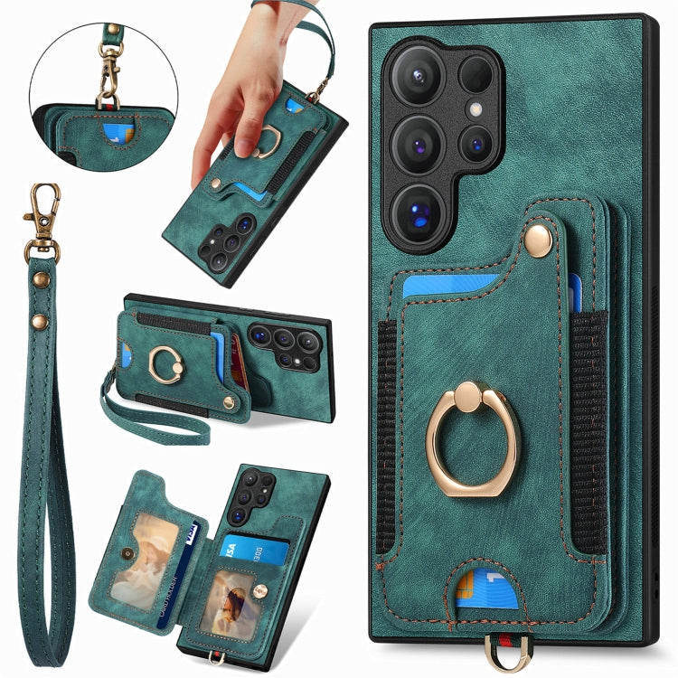 For Samsung Galaxy S25 Ultra 5G Retro Skin-feel Ring Multi-card Wallet Phone Case(Green) - Galaxy S25 Ultra 5G Cases by PMC TechLife | Online Shopping South Africa | PMC TechLife | Buy Now Pay Later Mobicred