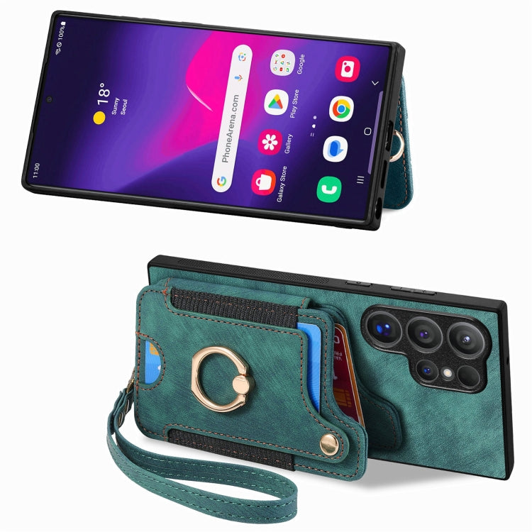 For Samsung Galaxy S25 Ultra 5G Retro Skin-feel Ring Multi-card Wallet Phone Case(Green)