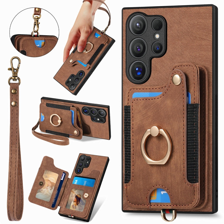 For Samsung Galaxy S25 Ultra 5G Retro Skin-feel Ring Multi-card Wallet Phone Case(Brown) - Galaxy S25 Ultra 5G Cases by PMC TechLife | Online Shopping South Africa | PMC TechLife | Buy Now Pay Later Mobicred