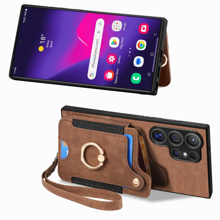 For Samsung Galaxy S25 Ultra 5G Retro Skin-feel Ring Multi-card Wallet Phone Case(Brown)