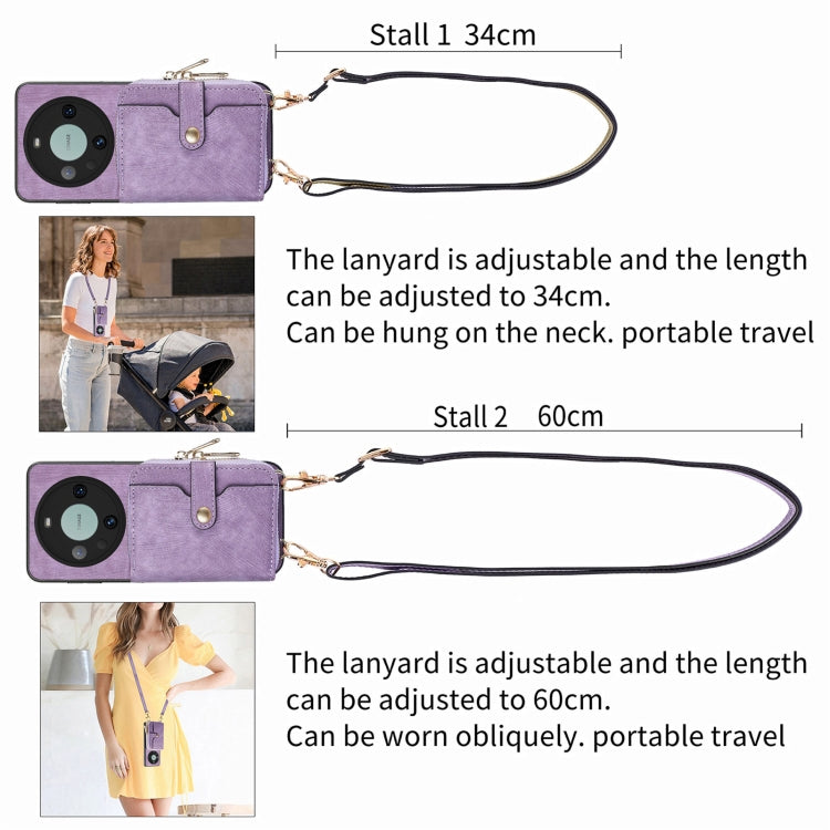 For Huawei Mate 60 Pro Crossbody Multi-function Zipper Wallet Phone Case(Purple) - Huawei Cases by PMC TechLife | Online Shopping South Africa | PMC TechLife | Buy Now Pay Later Mobicred