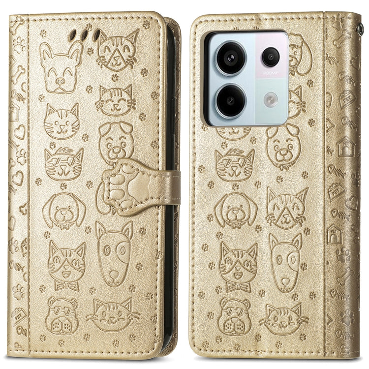 For Xiaomi Redmi Note 13 Pro Cat and Dog Embossed Leather Phone Case(Gold) - Note 13 Pro Cases by PMC TechLife | Online Shopping South Africa | PMC TechLife