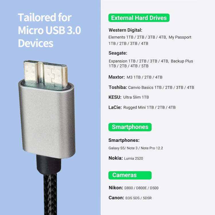 JUNSUNMAY USB 3.0 Male to Micro-B Cord Cable Compatible with Samsung Camera Hard Drive, Length:3m