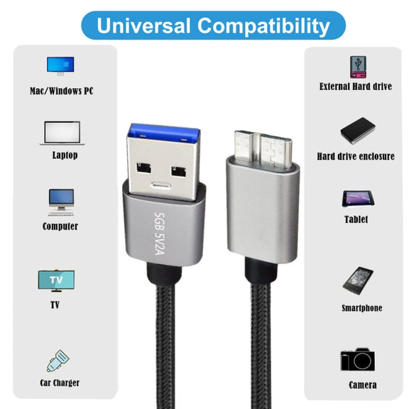 JUNSUNMAY USB 3.0 Male to Micro-B Cord Cable Compatible with Samsung Camera Hard Drive, Length:5m