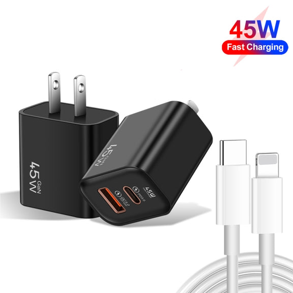 45PQ 45W PD25W + QC3.0 20W USB Super Fast Charger with Type-C to 8 Pin Cable, US Plug(White)