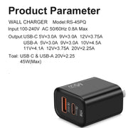 45PQ 45W PD25W + QC3.0 20W USB Super Fast Charger with Type-C to 8 Pin Cable, US Plug(White)