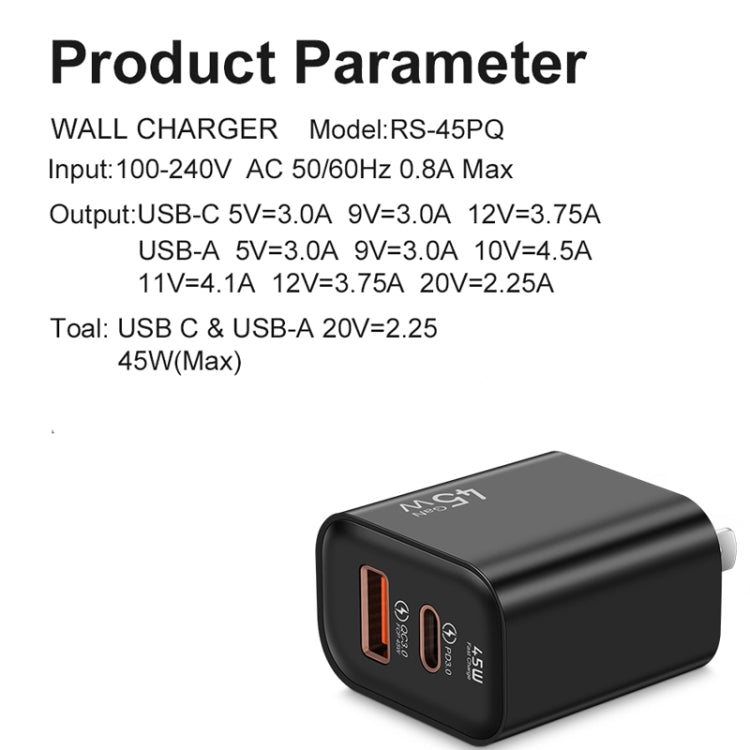 45PQ 45W PD25W + QC3.0 20W USB Super Fast Charger with Type-C to 8 Pin Cable, US Plug(Black) - free shipping - PMC Jewellery - Order now!