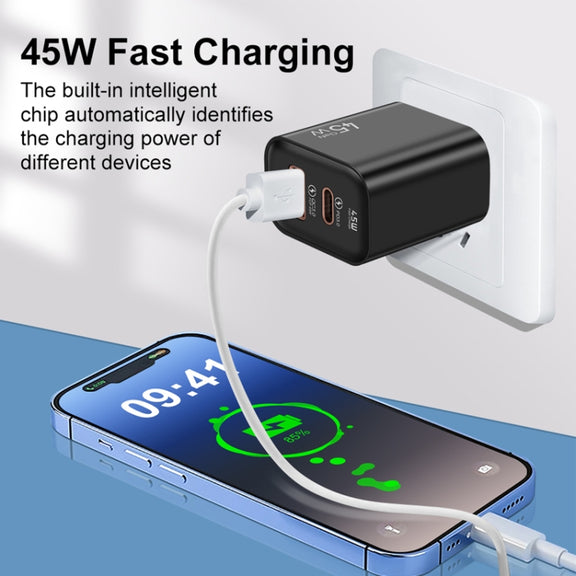 45PQ 45W PD25W + QC3.0 20W USB Super Fast Charger with Type-C to 8 Pin Cable, US Plug(White)