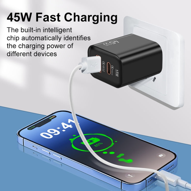 45PQ 45W PD25W + QC3.0 20W USB Super Fast Charger with Type-C to 8 Pin Cable, US Plug(Transparent Gray)