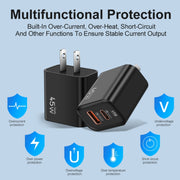 45PQ 45W PD25W + QC3.0 20W USB Super Fast Charger with Type-C to 8 Pin Cable, US Plug(White)