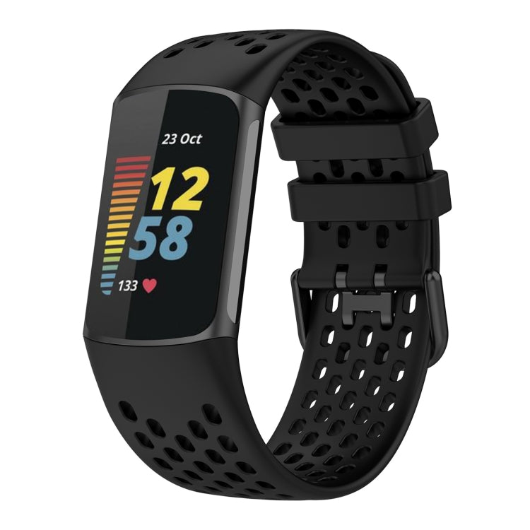 For Fitbit Charge 5 Solid Color Breathable Sports Silicone Watch Band(Black) - Watch Bands by PMC TechLife | Online Shopping South Africa | PMC TechLife | Buy Now Pay Later Mobicred
