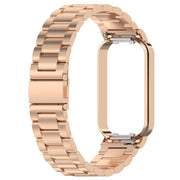 For Xiaomi Smart Band 8 Active Three Bead Stainless Steel Watch Band + Watch Metal Frame(Rose Gold)