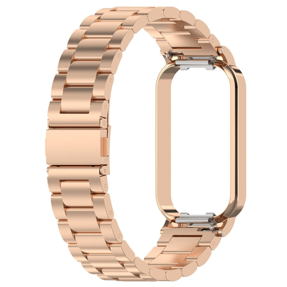 For Xiaomi Smart Band 8 Active Three Bead Stainless Steel Watch Band + Watch Metal Frame(Rose Gold)