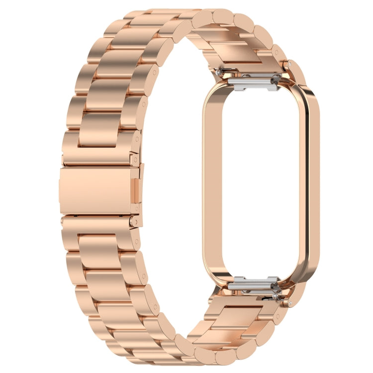 For Xiaomi Smart Band 8 Active Three Bead Stainless Steel Watch Band + Watch Metal Frame(Rose Gold)