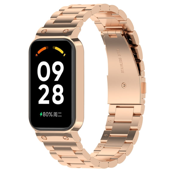 For Xiaomi Smart Band 8 Active Three Bead Stainless Steel Watch Band + Watch Metal Frame(Rose Gold)