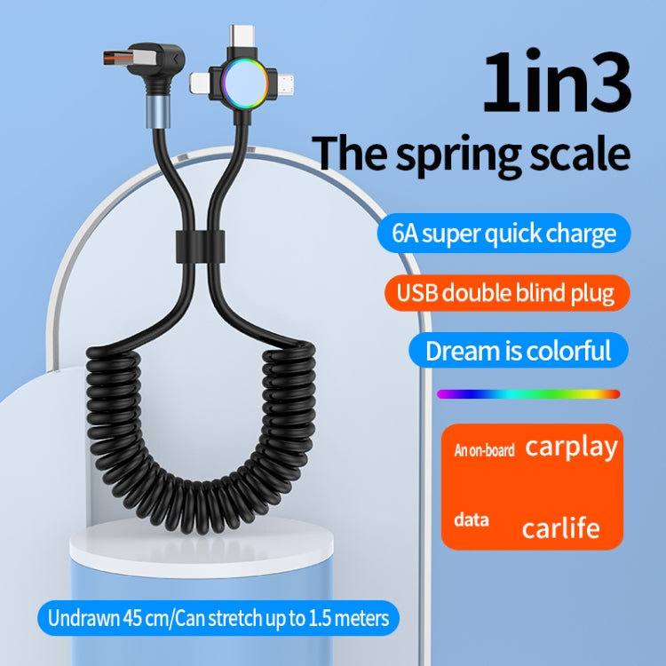 66W 3 in 1 USB to 8 Pin + Micro USB + USB-C / Type-C Fast Charging Elbow Spring Cable(Black) - Multifunction Cable by PMC Jewellery | Online Shopping South Africa | PMC Jewellery | Buy Now Pay Later Mobicred