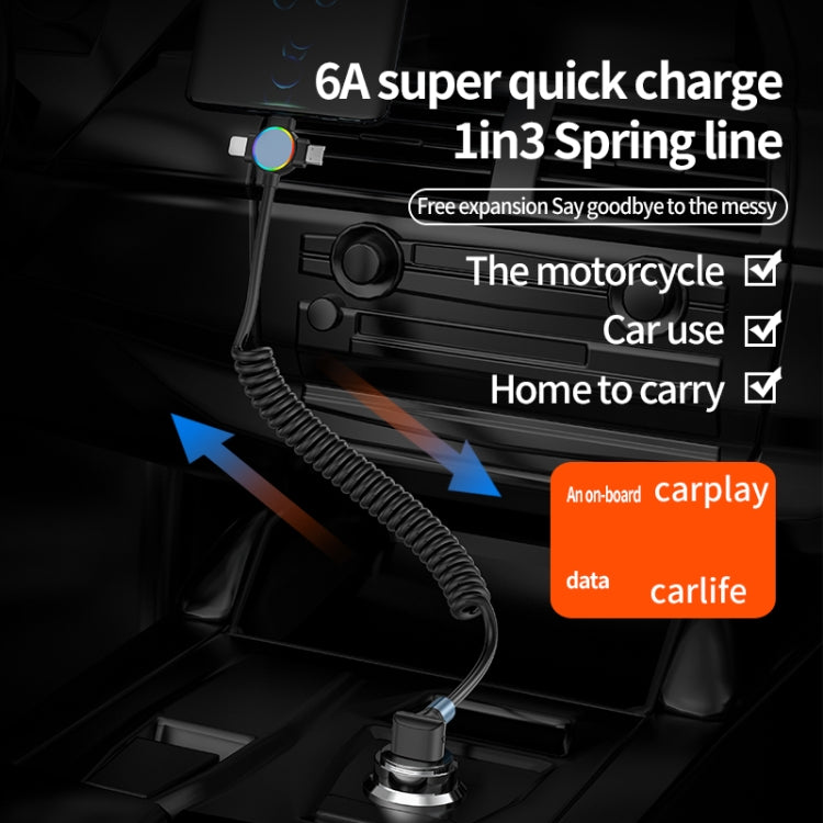 66W 3 in 1 USB to 8 Pin + Micro USB + USB-C / Type-C Fast Charging Elbow Spring Cable(Black) - Multifunction Cable by PMC Jewellery | Online Shopping South Africa | PMC Jewellery | Buy Now Pay Later Mobicred