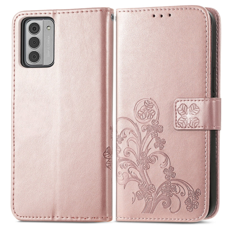 For Nokia G42 Four-leaf Clasp Embossed Buckle Leather Phone Case(Rose Gold) - Nokia Cases by PMC TechLife | Online Shopping South Africa | PMC TechLife | Buy Now Pay Later Mobicred