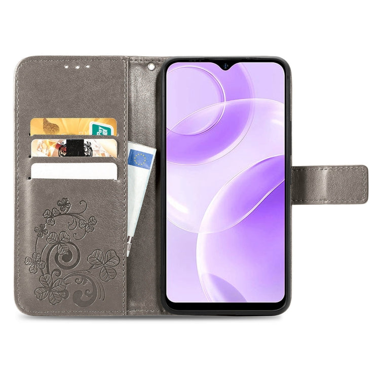 For Ulefone Note 15 Four-leaf Clasp Embossed Buckle Leather Phone Case(Grey)