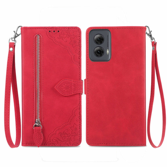 For Motorola Moto G Power 5G 2024 Embossed Flower Zipper Leather Phone Case(Red)