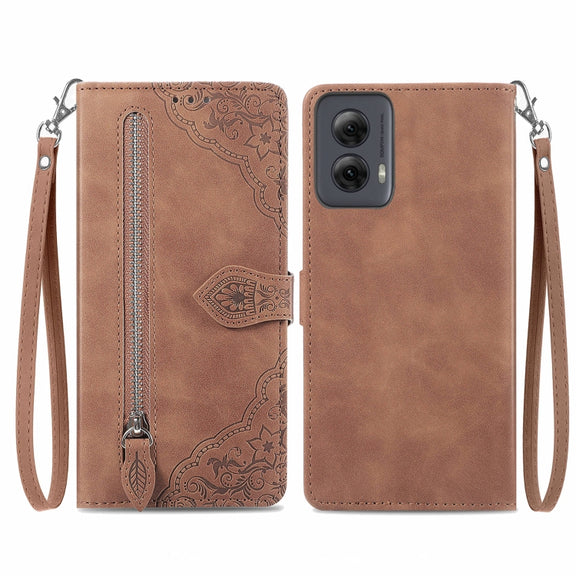 For Motorola Moto G Power 5G 2024 Embossed Flower Zipper Leather Phone Case(Brown)