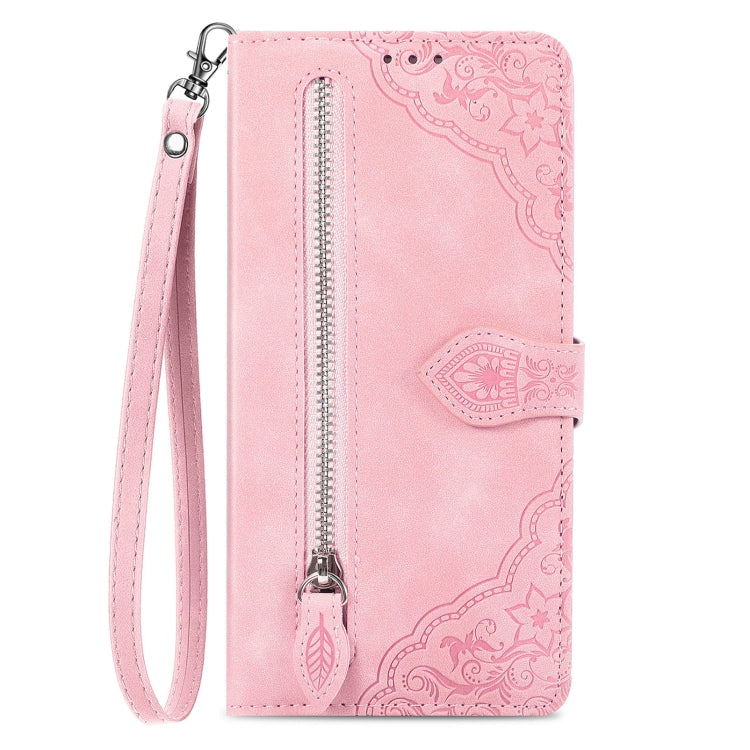 For Honor Magic6 Pro Embossed Flower Zipper Leather Phone Case(Pink)