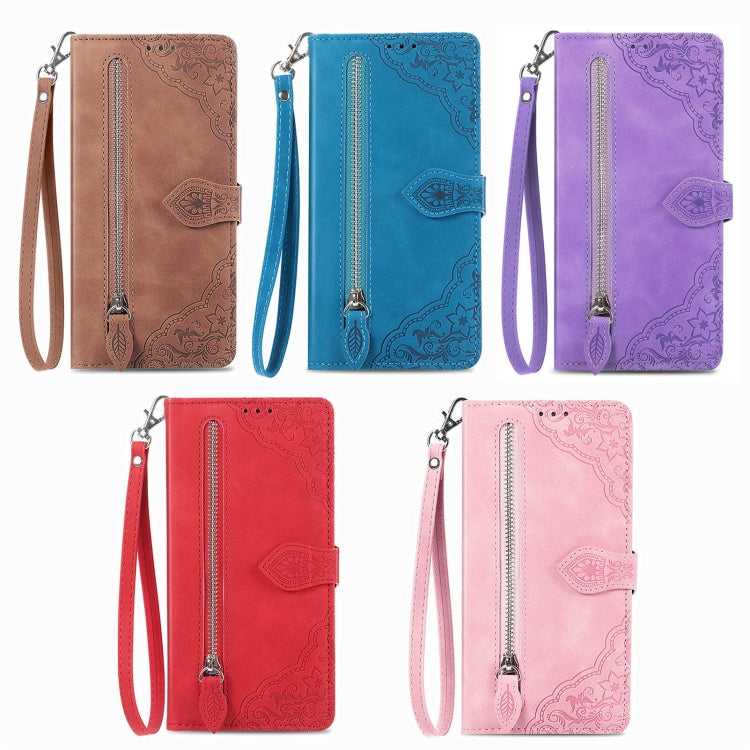For Honor Magic6 Pro Embossed Flower Zipper Leather Phone Case(Red)