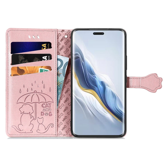 For Honor Magic6 Pro Cat and Dog Embossed Leather Phone Case(Rose Gold)