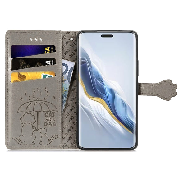 For Honor Magic6 Pro Cat and Dog Embossed Leather Phone Case(Grey)