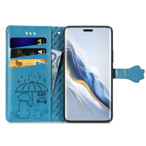 For Honor Magic6 Pro Cat and Dog Embossed Leather Phone Case(Blue)