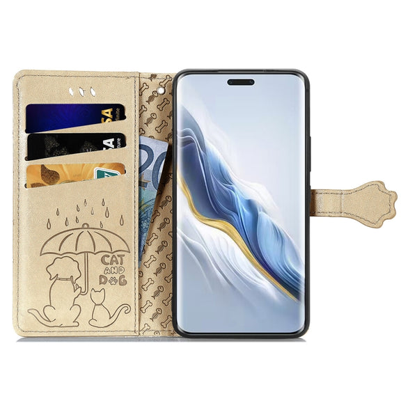 For Honor Magic6 Pro Cat and Dog Embossed Leather Phone Case(Gold)