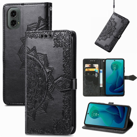 For Motorola Moto G 2024 Mandala Flower Embossed Leather Phone Case(Black)