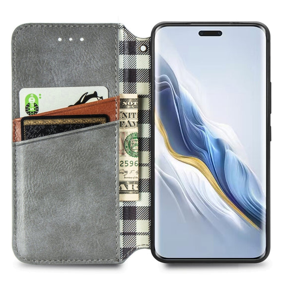 For Honor Magic6 Pro Cubic Grid Pressed Magnetic Leather Phone Case(Grey)