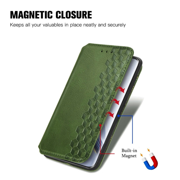 For Honor Magic6 Pro Cubic Grid Pressed Magnetic Leather Phone Case(Green)