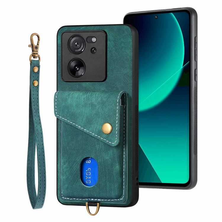 For Xiaomi 13T / 13T Pro Retro Card Wallet Fold Leather Phone Case with Strap(Green) - Xiaomi Cases by PMC TechLife | Online Shopping South Africa | PMC TechLife | Buy Now Pay Later Mobicred