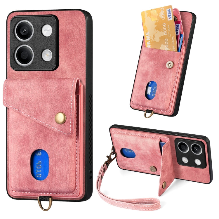 For Xiaomi Redmi Note 13 5G Retro Card Wallet Fold Leather Phone Case with Strap(Pink) - Note 13 Cases by PMC TechLife | Online Shopping South Africa | PMC TechLife | Buy Now Pay Later Mobicred