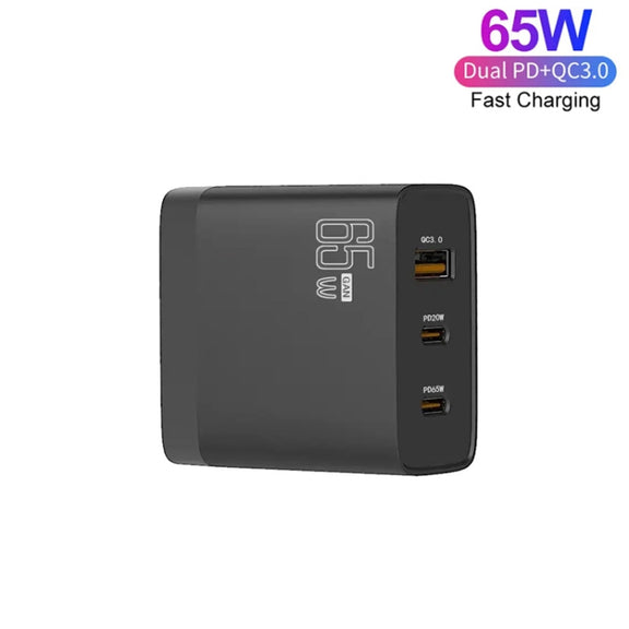 GAN 65W PD45W Dual Type-C+QC3.0 USB Multi Compatible Laptop Adapter UK + US Plug Black