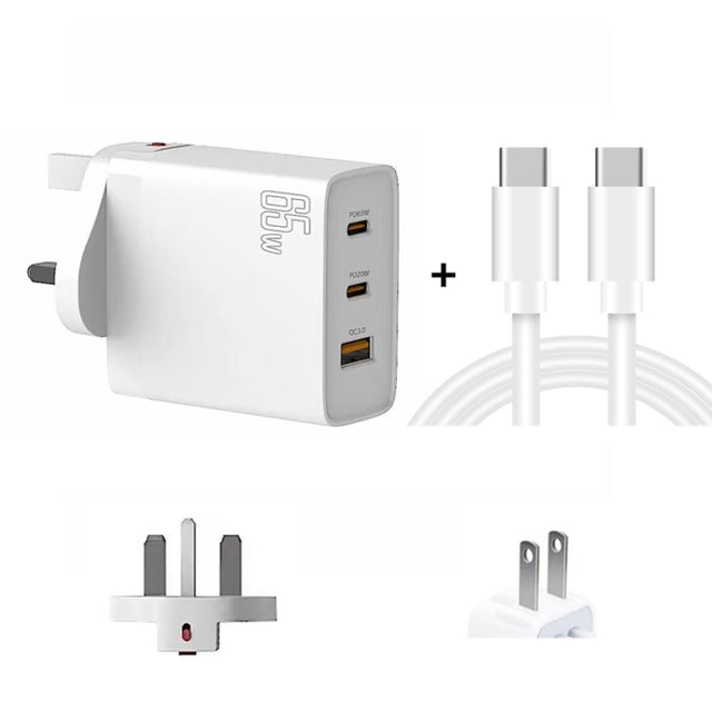 GAN 65W PD45W Dual Type-C / QC3.0 USB  Multi Compatible Charger + 2m USB-C to USB-C Data Cable UK + US Plug White