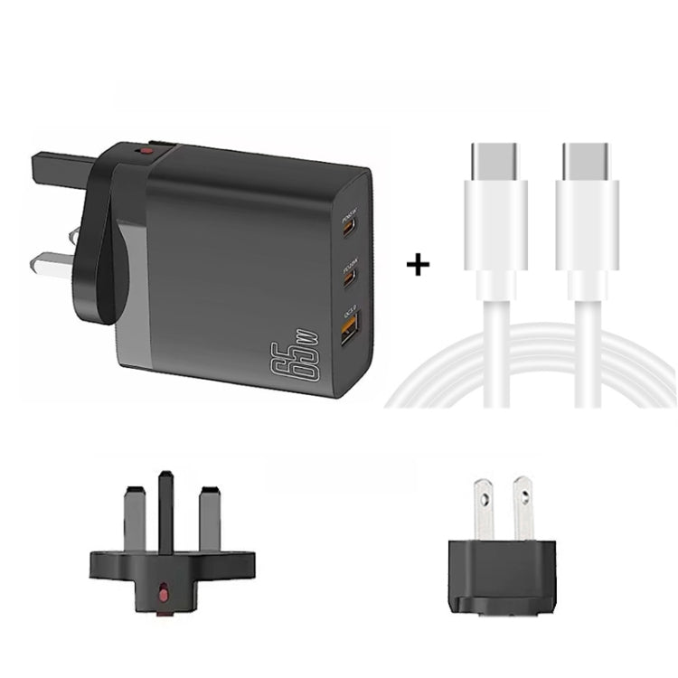 GAN 65W PD45W Dual Type-C / QC3.0 USB  Multi Compatible Charger + 2m USB-C to USB-C Data Cable UK + US Plug Black - free shipping - PMC Jewellery - Order now!