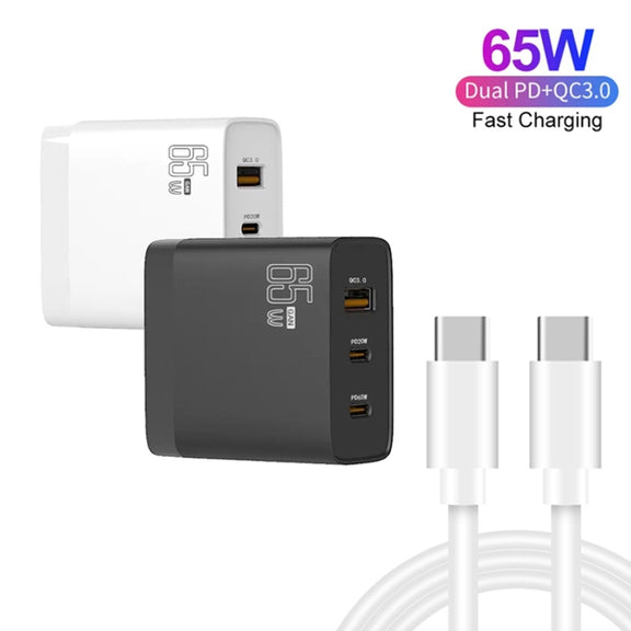 GAN 65W PD45W Dual Type-C / QC3.0 USB  Multi Compatible Charger + 2m USB-C to USB-C Data Cable EU + US Plug White