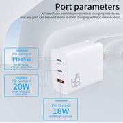 GAN 65W PD45W Dual Type-C / QC3.0 USB  Multi Compatible Charger + 2m USB-C to USB-C Data Cable AU + US Plug Black