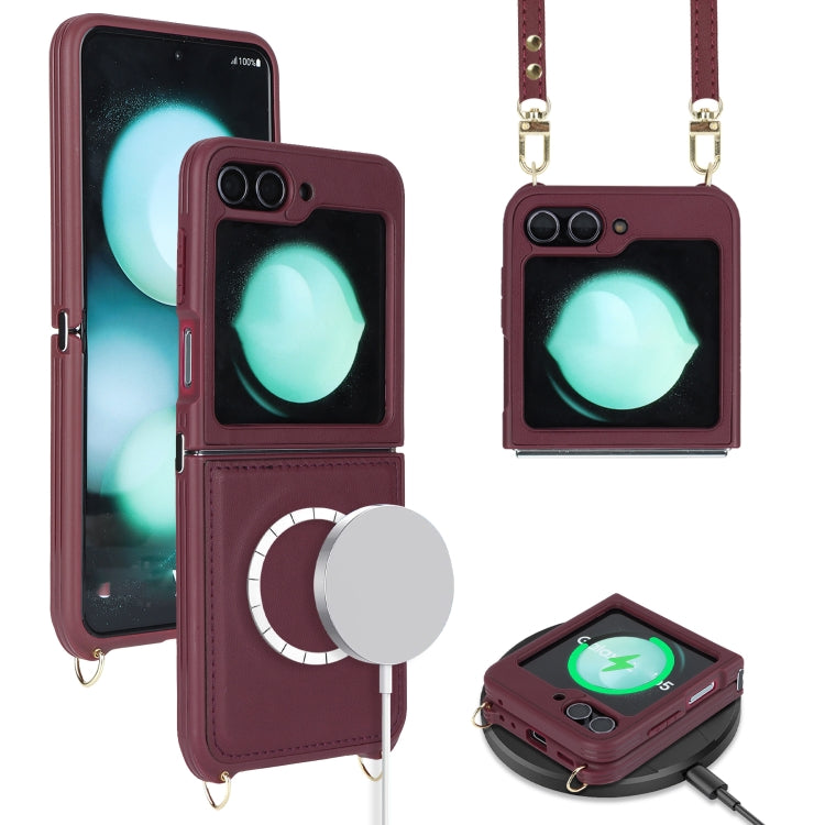 For Samsung Galaxy Z Flip5 5G Crossbody R20 Texture Leather Magsafe Phone Case(Brown) - Galaxy Z Flip5 Cases by PMC TechLife | Online Shopping South Africa | PMC TechLife