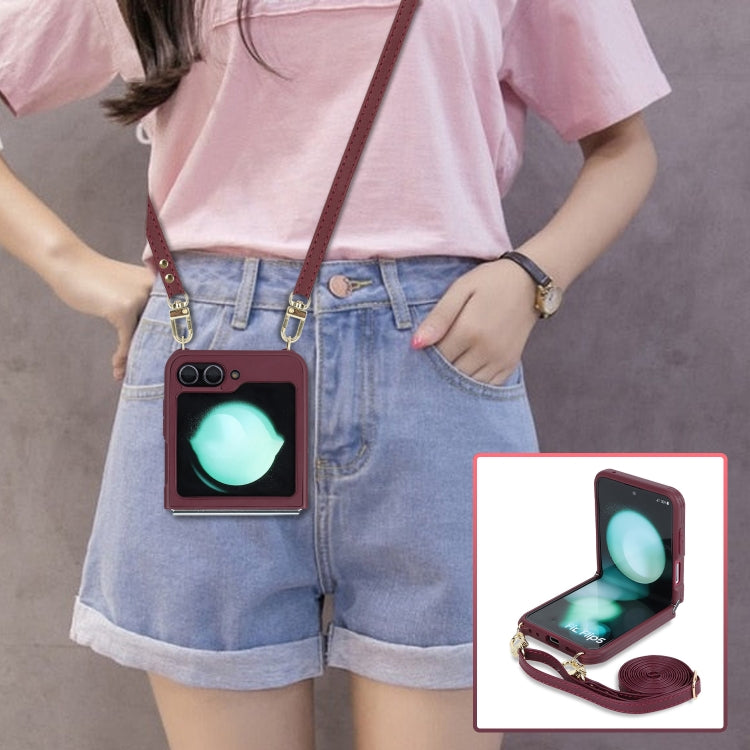 For Samsung Galaxy Z Flip5 5G Crossbody R20 Texture Leather Magsafe Phone Case(Brown) - Galaxy Z Flip5 Cases by PMC TechLife | Online Shopping South Africa | PMC TechLife