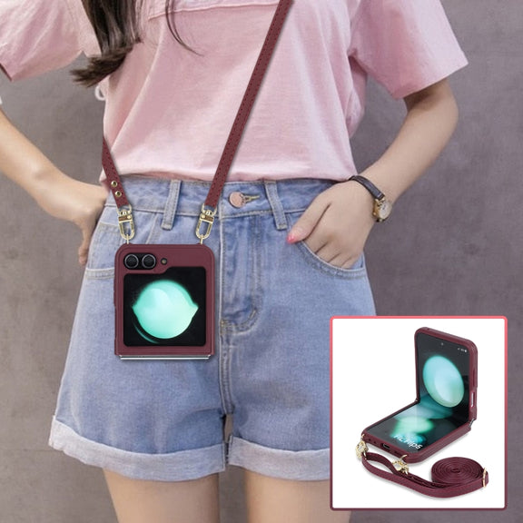 For Samsung Galaxy Z Flip5 5G Crossbody R20 Texture Leather Magsafe Phone Case(Brown)