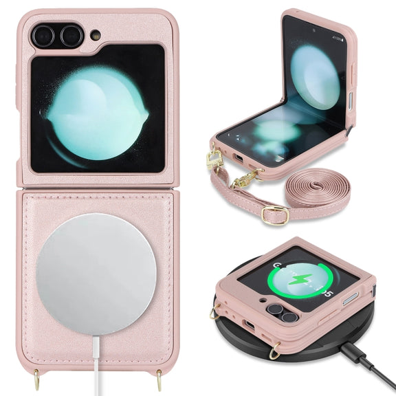 For Samsung Galaxy Z Flip5 5G Crossbody R20 Texture Leather Magsafe Phone Case(Pink)