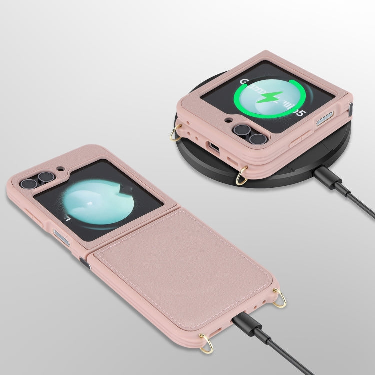 For Samsung Galaxy Z Flip5 5G Crossbody R20 Texture Leather Magsafe Phone Case(Pink)